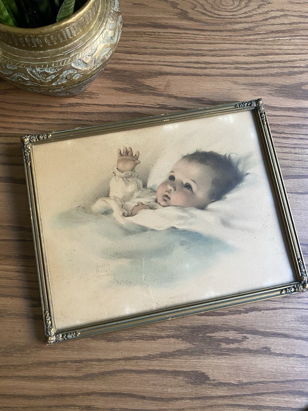 Antique Framed Print Bessie Peage Gutmann ‘Awakening’ Baby Picture Ornate Frame